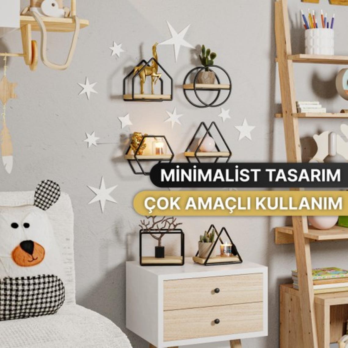 Bino Montessori Kitaplık Bebek Çocuk Odası Duvar Rafı Ahşap Minyatür Oyuncak Odası Raf 6'Lı Set