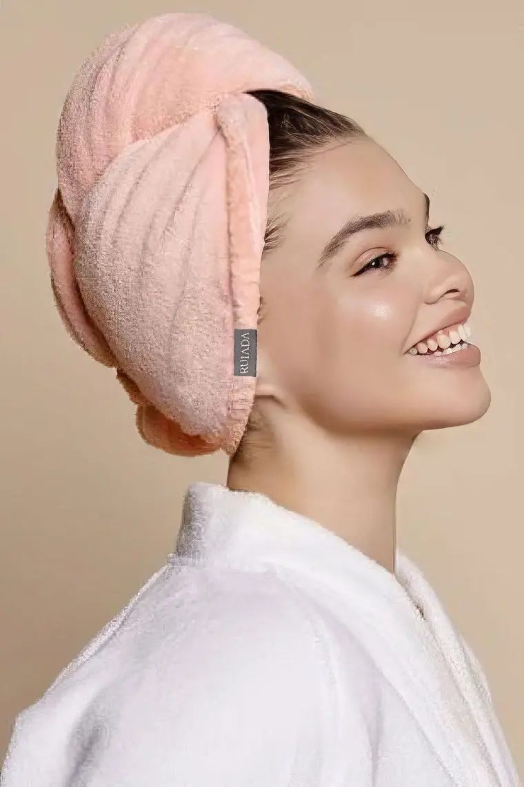 Ruiada %100 Pamuk Saç Kurutma Bonesi/havlusu Lastikli ve Düğmeli Fuşya