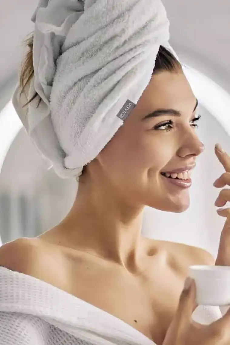 Ruiada %100 Pamuk Saç Kurutma Bonesi/havlusu Lastikli ve Düğmeli Ekru