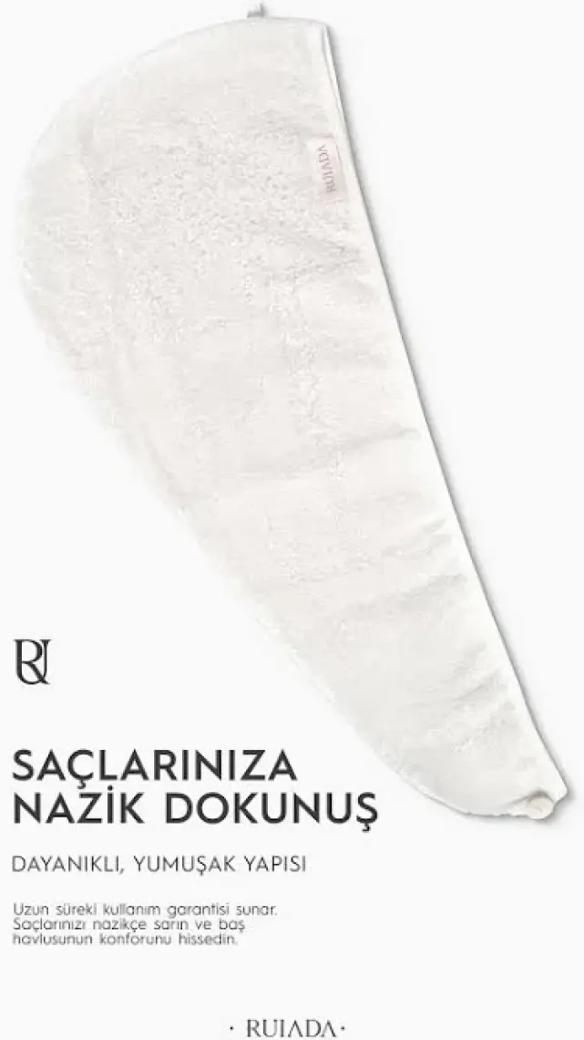 Ruiada %100 Pamuk Saç Kurutma Bonesi/havlusu Lastikli ve Düğmeli Ekru