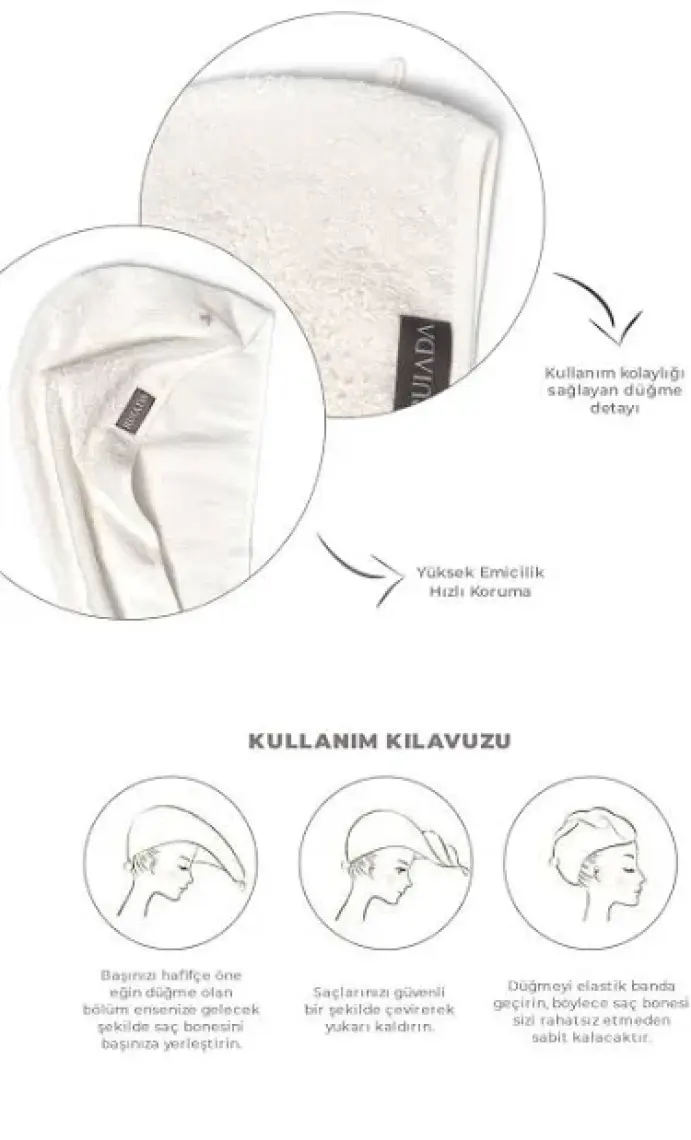 Ruiada %100 Pamuk Saç Kurutma Bonesi/havlusu Lastikli ve Düğmeli Ekru
