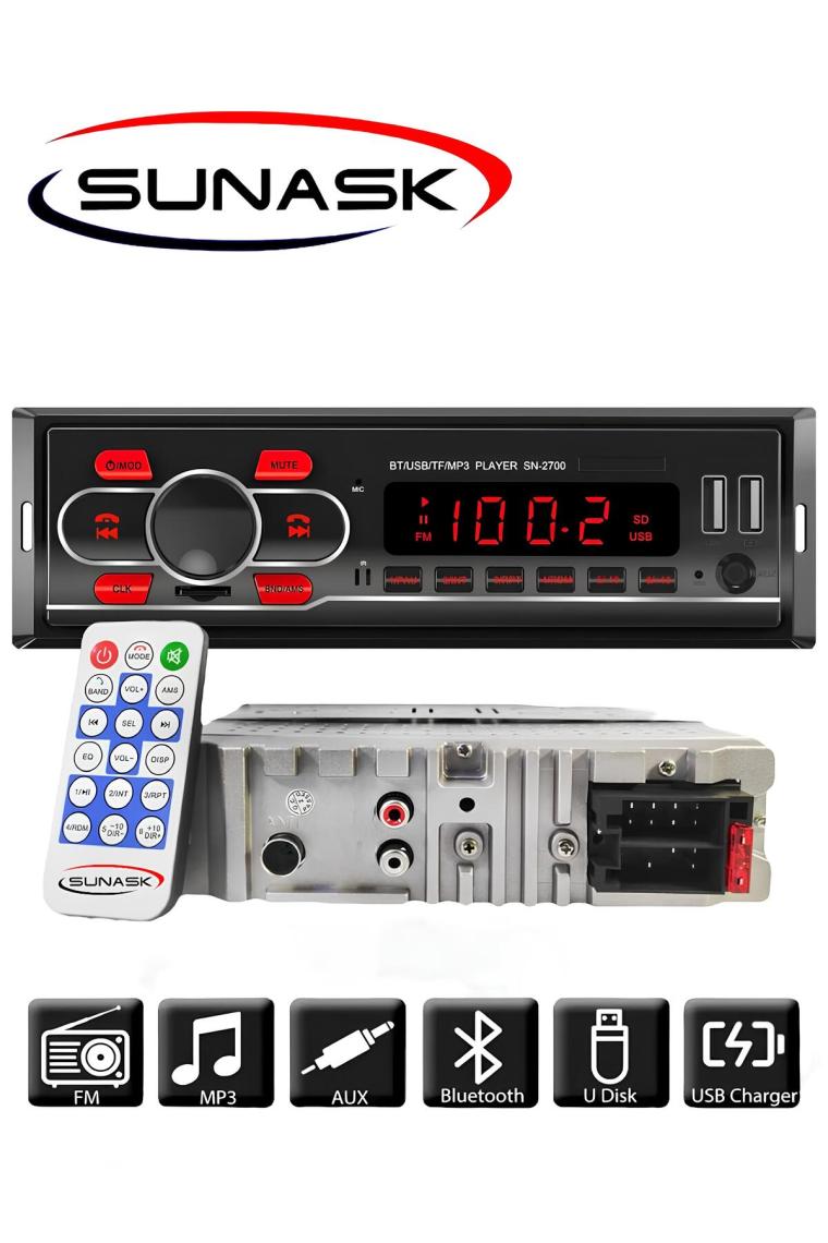 Sunask SN-2700 Çift USB Girişli Bluetooth Oto Teyp Araba Teybi Radyo Sd Aux Teyp Amfi Çıkışlı Kumandalı