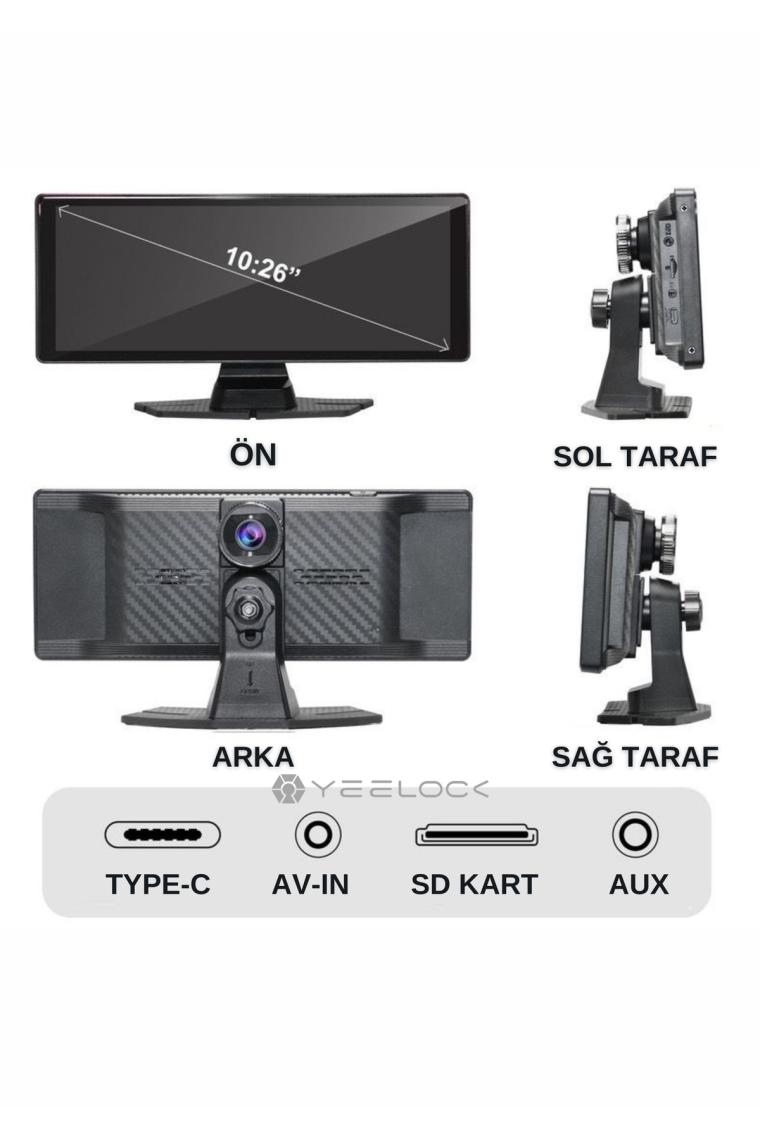 Yeelock 10" 4K Ultra Hd Apple Carplay & Android Auto, Ön & Arka 2 Kameralı Torpido Üstü Araç Multimedya