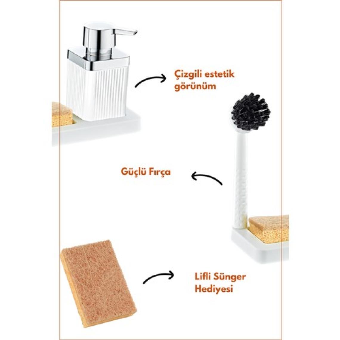 Grimor Life Fırçalı Sıvı Sabunluk Süngerlik Standlı Mutfak Banyo Seti