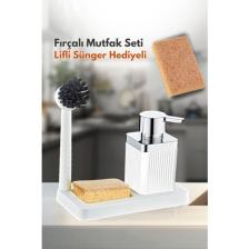 Grimor Life Fırçalı Sıvı Sabunluk Süngerlik Standlı Mutfak Banyo Seti