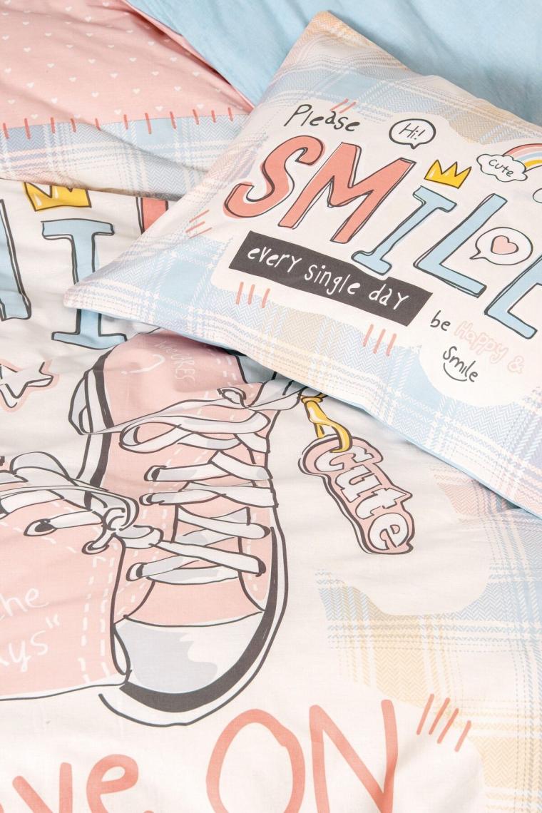 Genç Odası Tek Kişilik Lastikli Çarşaflı Nevresim Takımı Smile Mint