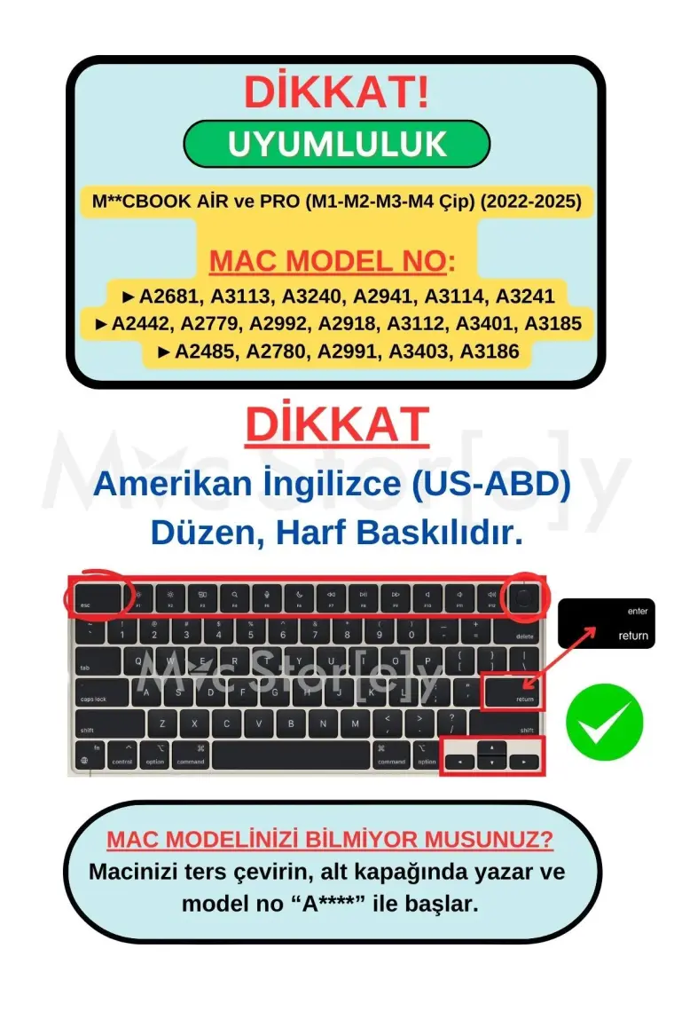 Store Macbook Air Pro Klavye Koruyucu M1-M2-M3,(Us To Tr) A2681 A3113 A2941 A3114 A2442 A2779 A2992 A2918 A2485 A2780 A2991 ile Uyumlu Siyah