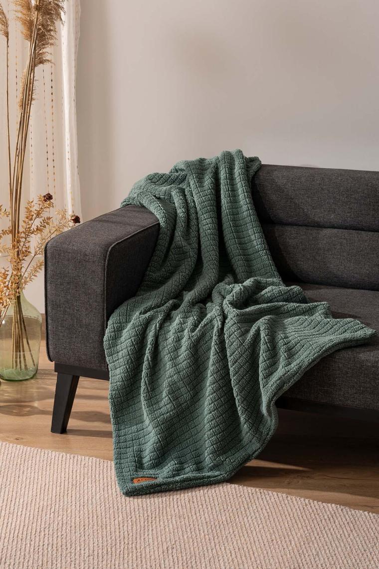 Riva İstanbul Wellsoft Tek Kişilik Kareli Battaniye - Peluş Tv Battaniyesi 100 x 170  cm  Yeşil