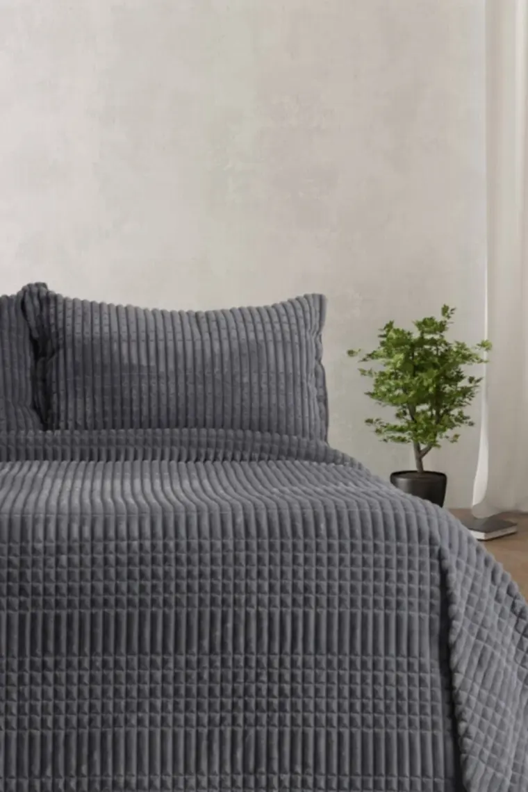 Merinos Modern Line 3 Parça Battaniye Seti -Koyu Gri