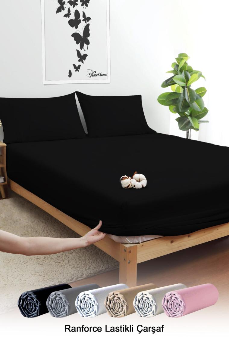 Vionel Home Siyah Pamuklu Ranforce Çift Kişilik Lastikli Çarşaf + 2 Yastık Kılıfı 160 x 200