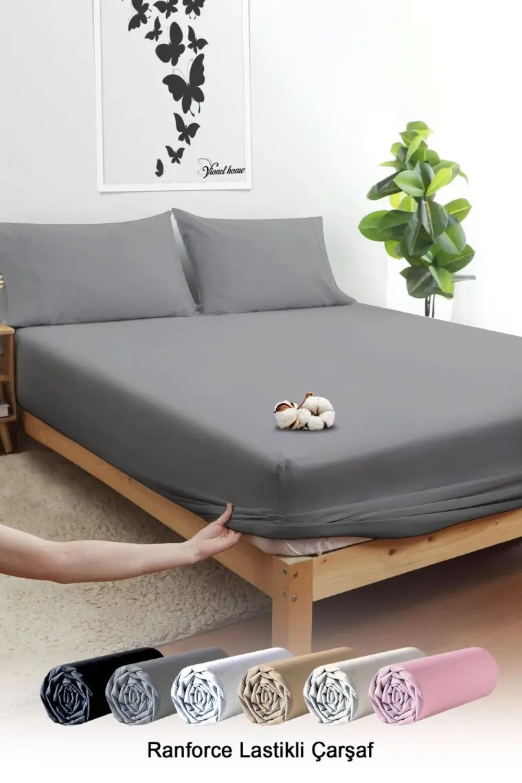 Vionel Home Gri Pamuklu Ranforce Tek Kişilik Lastikli Çarşaf + 1 Yastık Kılıfı 100 x 200