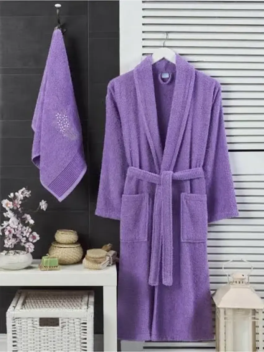 Mira Home Havlulu Banyo Kadın Bornoz Takımı Şalyaka 100 Pamuklu
