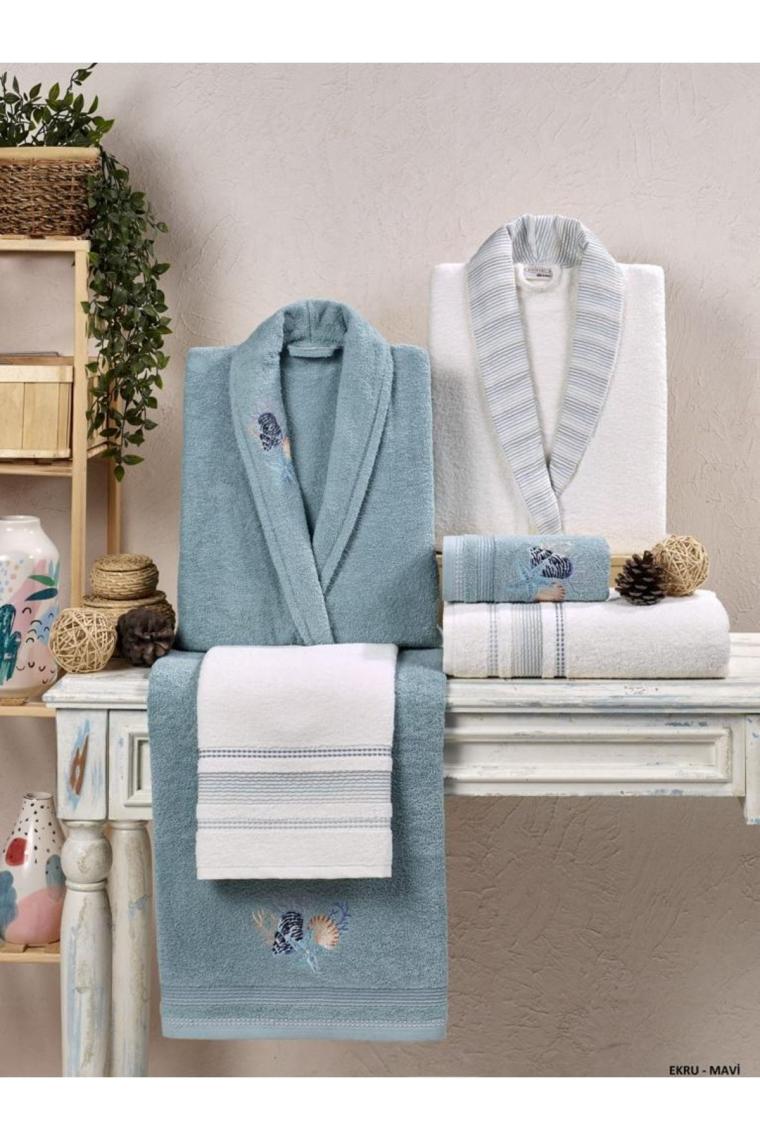 Kristal Soft Cotton Nakışlı 6 Parça Aile Bornoz Takımı Ekru-mavi
