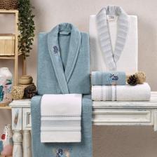 Kristal Soft Cotton Nakışlı 6 Parça Aile Bornoz Takımı Ekru-mavi