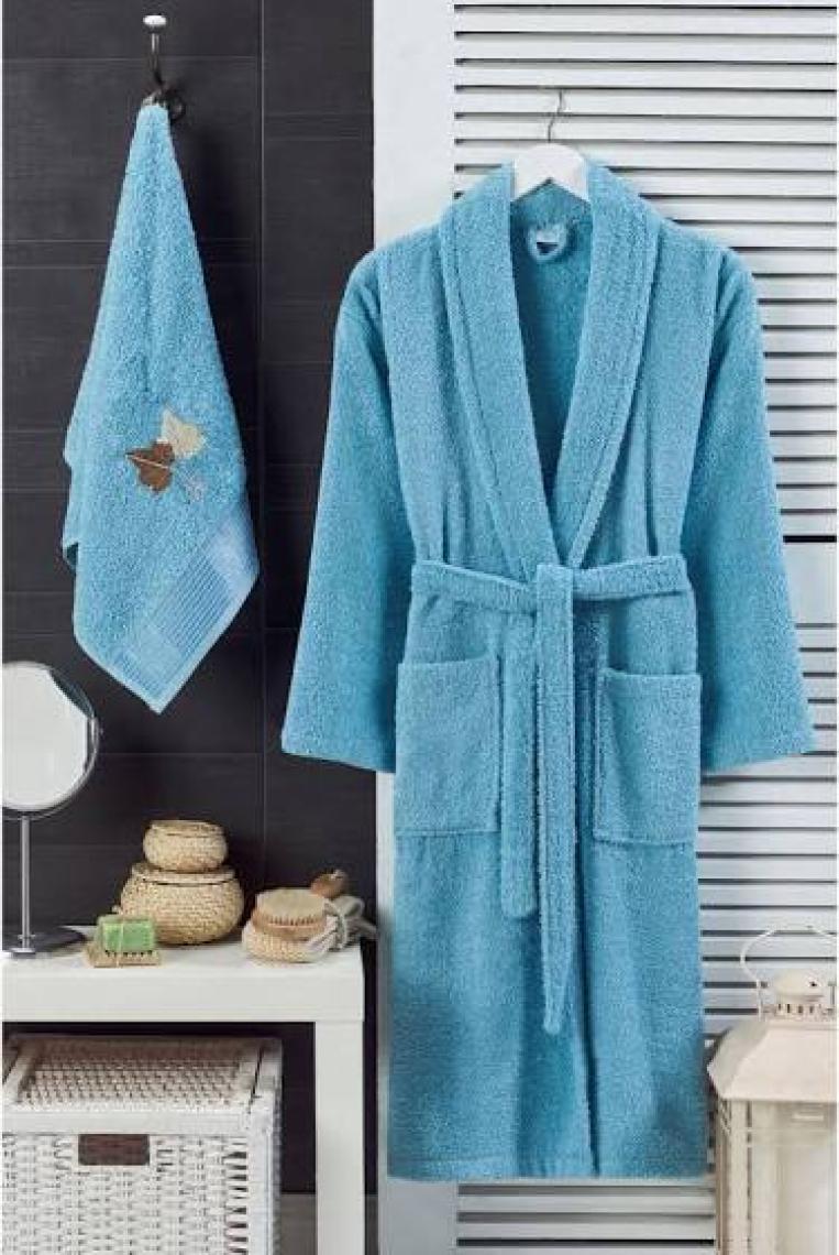 Mira Home Havlulu Banyo Kadın Bornoz Takımı Şalyaka 100 Pamuklu