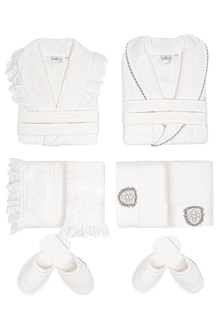 Ecocotton Elsa Aile Bornoz Seti  Organik Pamuk Nakışlı Krem/krem - M/l