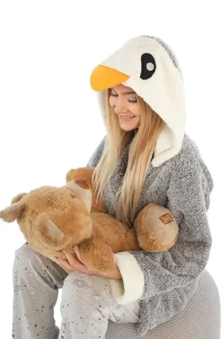 Zeynep Tekstil Penguen Nakışlı Kapşonlu Wellsoft Bornoz