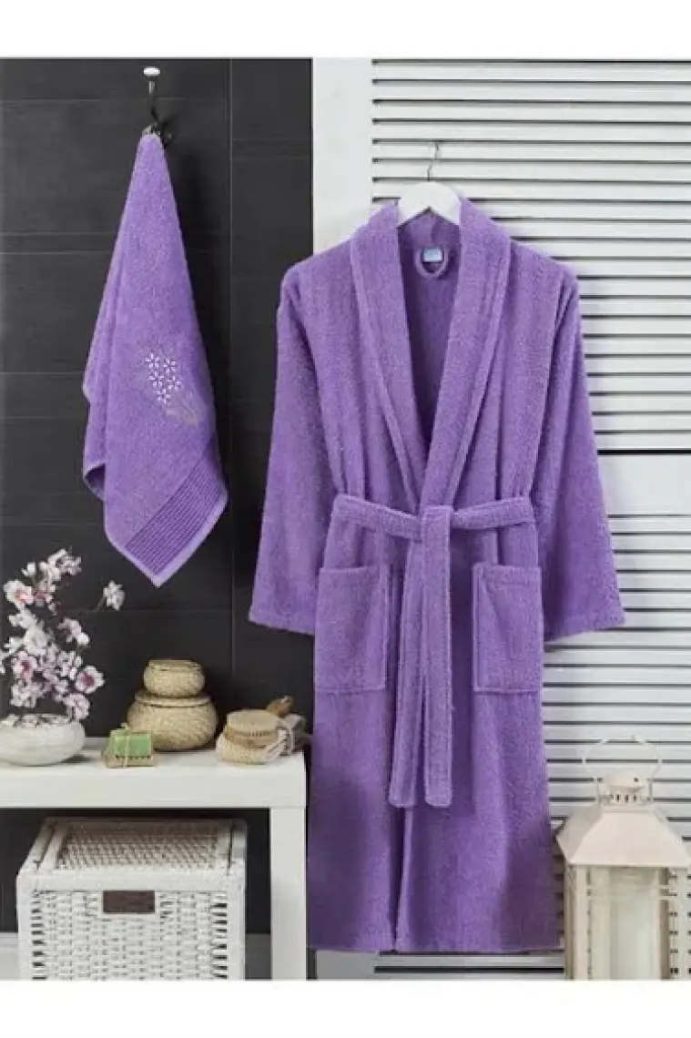 Mira Home Havlulu Banyo Kadın Bornoz Takımı Şalyaka 100 Pamuklu