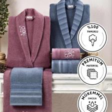 Taç Kristal Soft Cotton Nakışlı 6 Parça Aile Bornoz Takımı Indigo-Gülkurusu