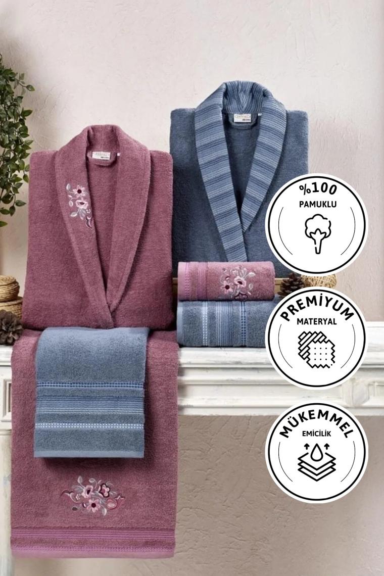 Taç Kristal Soft Cotton Nakışlı 6 Parça Aile Bornoz Takımı Indigo-Gülkurusu