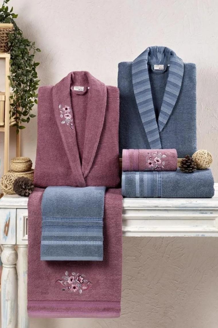 Taç Kristal Soft Cotton Nakışlı 6 Parça Aile Bornoz Takımı Indigo-Gülkurusu