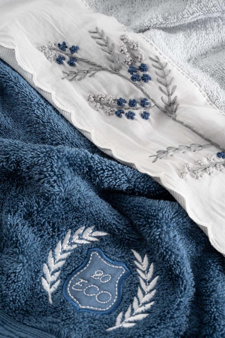 Derin Aile Bornoz Seti %100 Organik Pamuk Nakışlı Krem/mavi - M/l