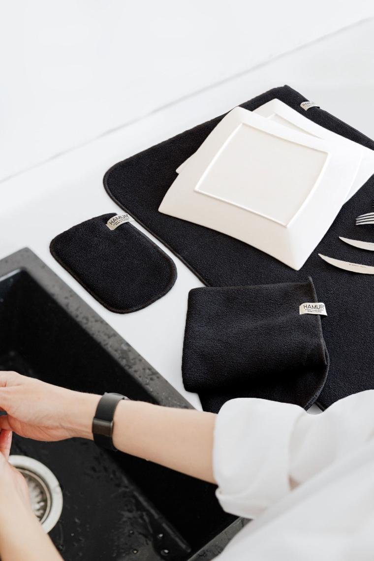 Hamur Microwell 3 Prç Microfiber Bulaşık Kurutma Matı Mutfak Seti 3'lü Siyah-Gri