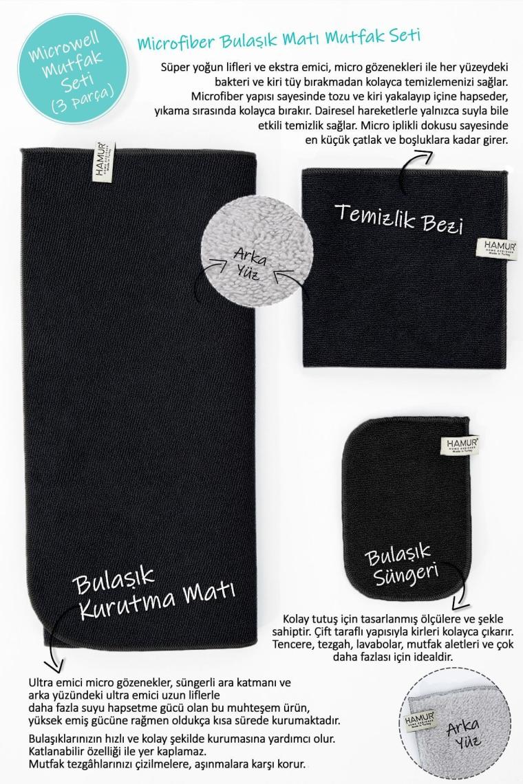 Hamur Microwell 3 Prç Microfiber Bulaşık Kurutma Matı Mutfak Seti 3'lü Siyah-Gri