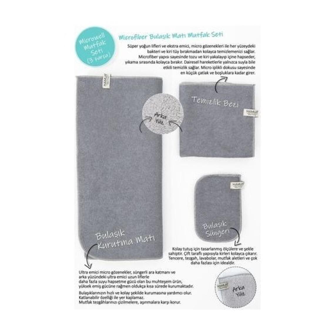 Hamur Microwell 3 Prç Microfiber Bulaşık Kurutma Matı Mutfak Seti 3'lü K.gri-Gri