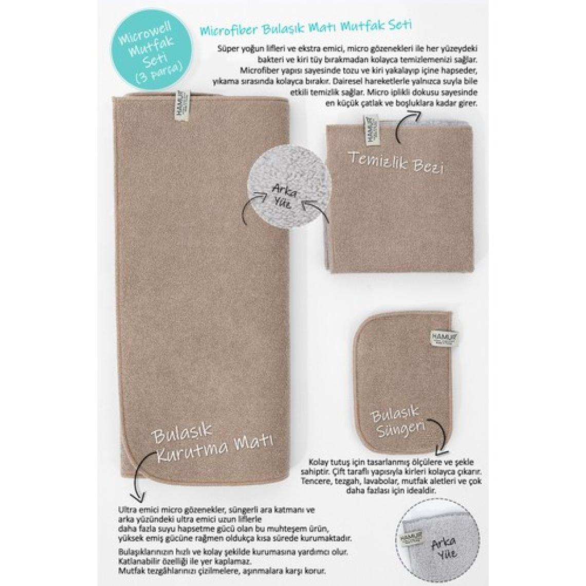 Hamur Microwell 3 Prç Microfiber Bulaşık Kurutma Matı Mutfak Seti 3'lü Bej-Gri