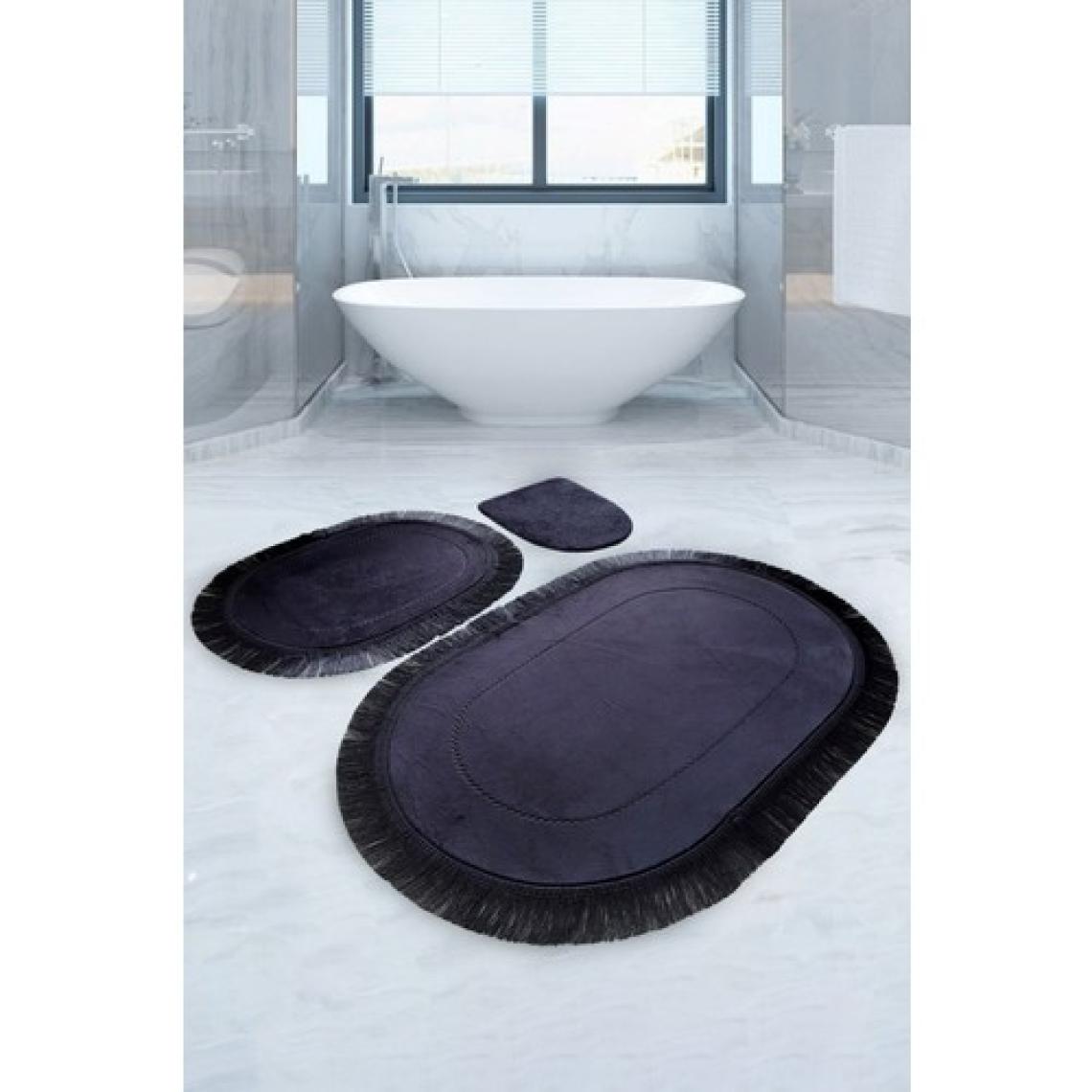 Bonny Home Pera Siyah 3'lü Banyo Paspası Seti Kaymaz Tabanlı Saçaklı Püsküllü Klozet Takımı