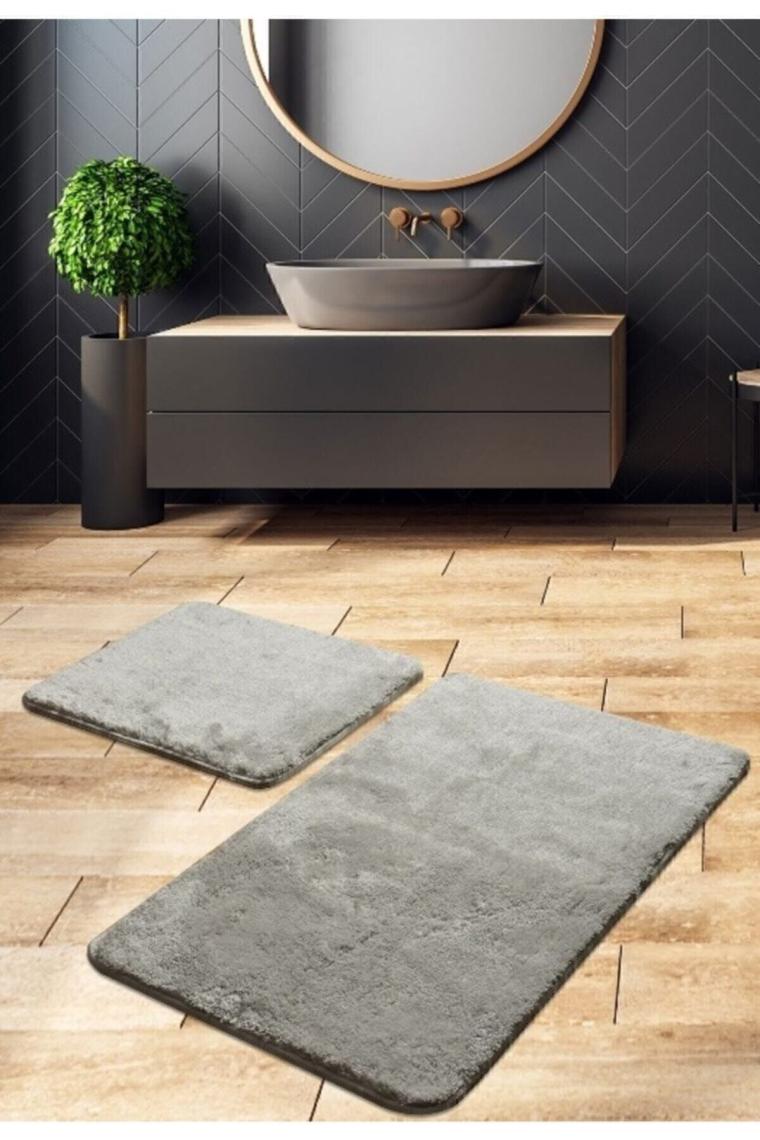 Sarar Post Peluş Banyo Paspas Takımı 2'li  Küçük Boy Jel Kaymaz Taban Klozet Takımı Gri  80X50 - 50X 40