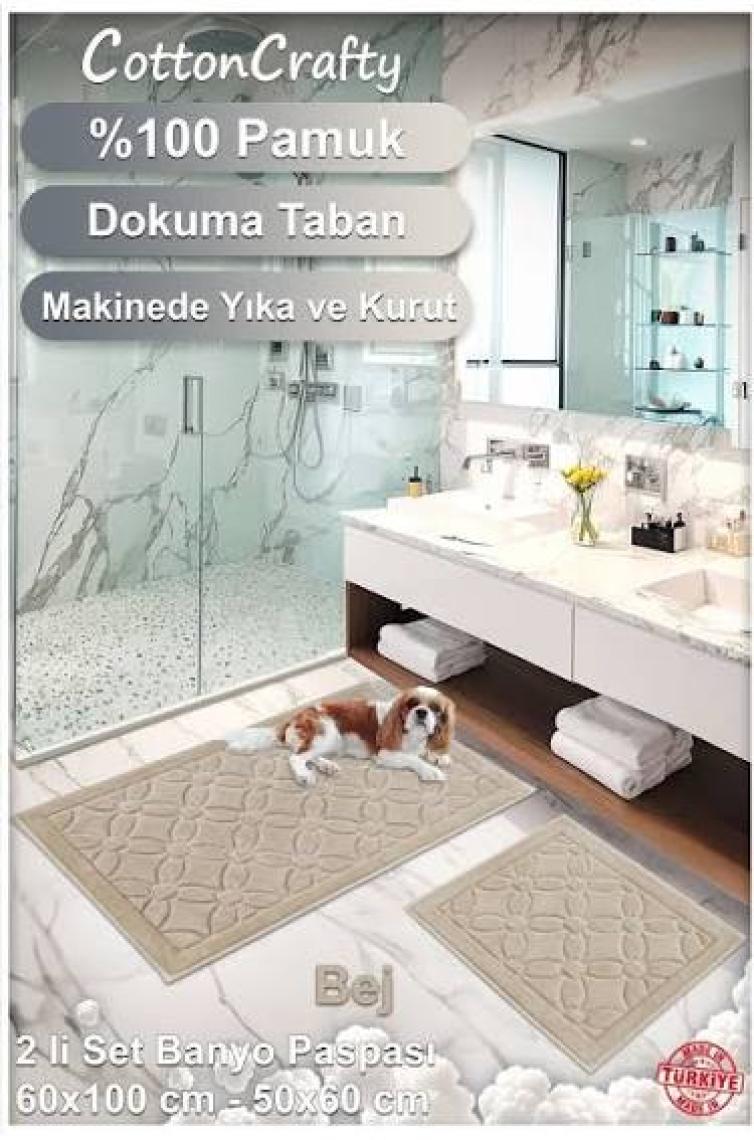 Cotton Crafty %100 Pamuk Dokuma Banyo Paspas Seti, Banyo Halısı Çiçek 60X100 - 60X50