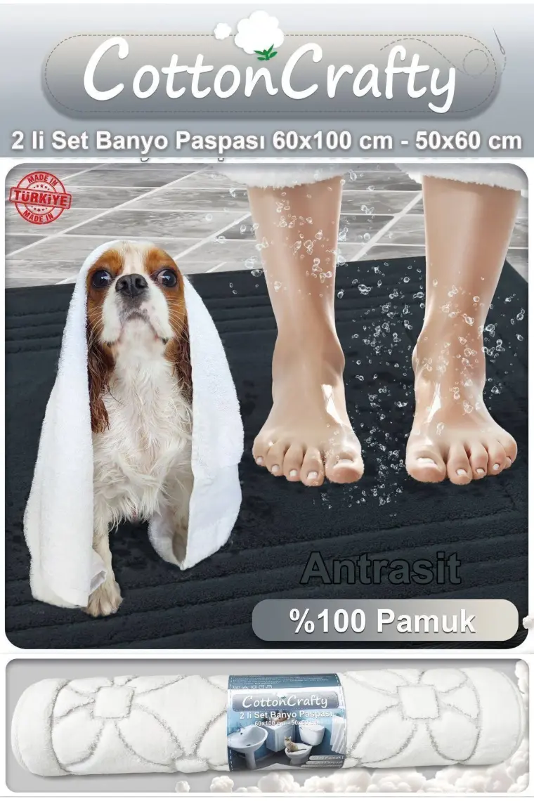 Cotton Crafty %100 Pamuk Dokuma Banyo Paspas Seti, Banyo Halısı Vera 60X100 - 60X50