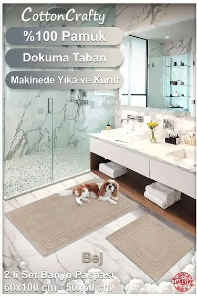 Cotton Crafty %100 Pamuk Dokuma Banyo Paspas Seti, Banyo Halısı Vera 60X100 - 60X50