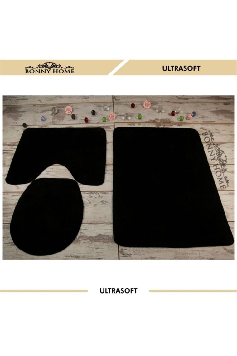 Bonny Home Damask 3’lü Düz Siyah Ultrasoft Banyo Halısı Paspası Seti Kaymaz Tabanlı Klozet Takımı