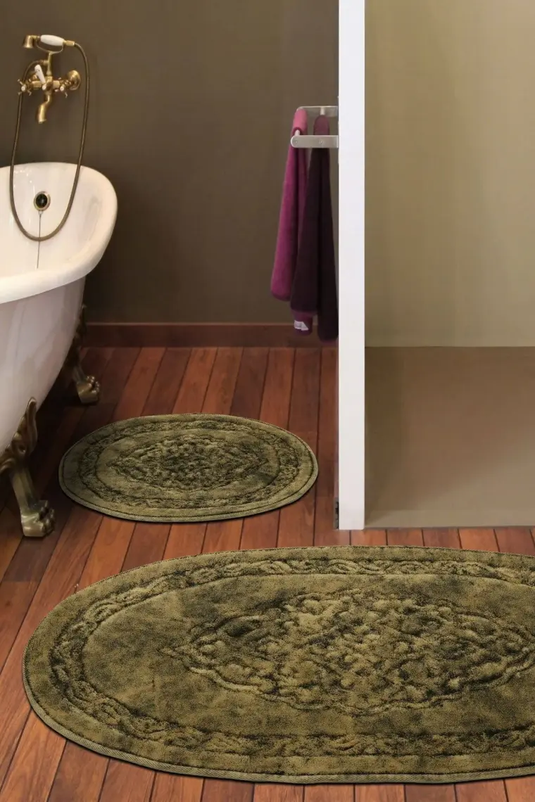 Alanur Home Damaks Oval Cotton Eskitme 2'li Paspas Seti Klozet Takımı Kahve