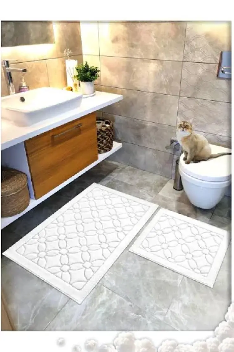 Cotton Crafty %100 Pamuk Dokuma Banyo Paspas Seti, Banyo Halısı Çiçek 60X100 - 60X50