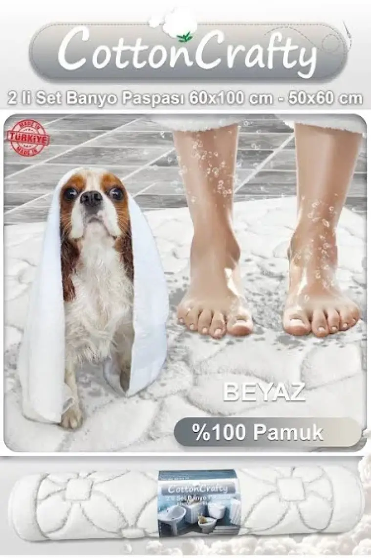 Cotton Crafty %100 Pamuk Dokuma Banyo Paspas Seti, Banyo Halısı Çiçek 60X100 - 60X50