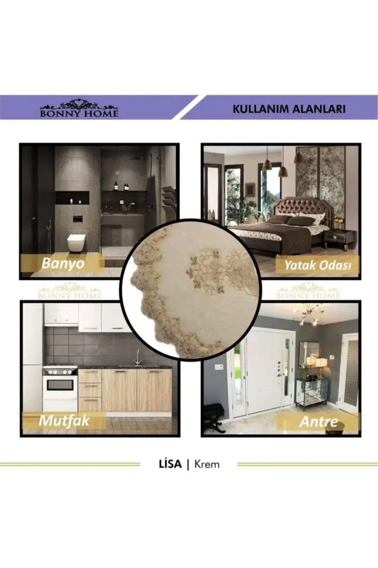Bonny Home Lisa Krem 3lü Dantelli Klozet Takımı Çeyizlik Banyo Halısı Paspası Seti