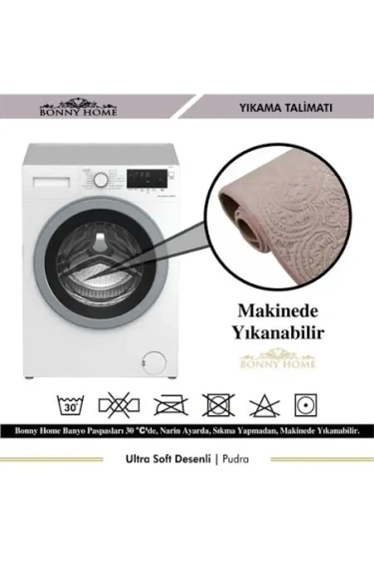 Bonny Home Ultrasoft Desenli 3lü Pudra Klozet Takımı Banyo Halısı Paspası Seti