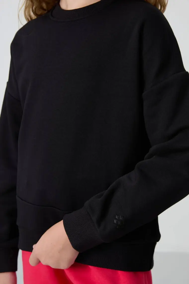 Tommy Life Siyah Pamuklu İçi Tüylü Yumuşak Dokulu Oversize Nakışlı Kız Çocuk Sweatshirt - 75150