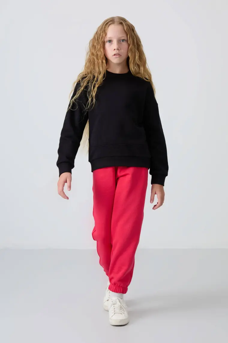 Tommy Life Siyah Pamuklu İçi Tüylü Yumuşak Dokulu Oversize Nakışlı Kız Çocuk Sweatshirt - 75150