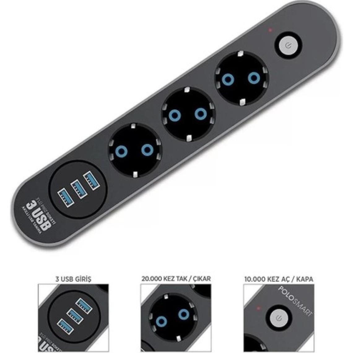 Megamus Akım Korumalı 3'lü Grup Priz 1 Mini LED Uzatma Kablosu 3x USB 3x Anahtar 2 m Kablo 2500W