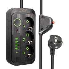 Vea VA-21565 4 x Usb+Type-C 3'lü 1.5 Metre Akım Korumalı Priz Siyah