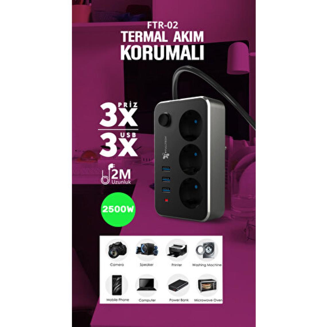 Fultech Airstorr Fulltech Ftr-02 2 M 3'lü Termal Akım Korumalı Priz USB