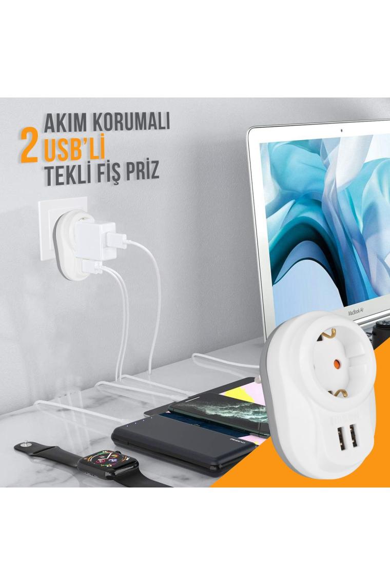 Tekli Akım Korumalı Priz 2'li Usb Hızlı Şarj