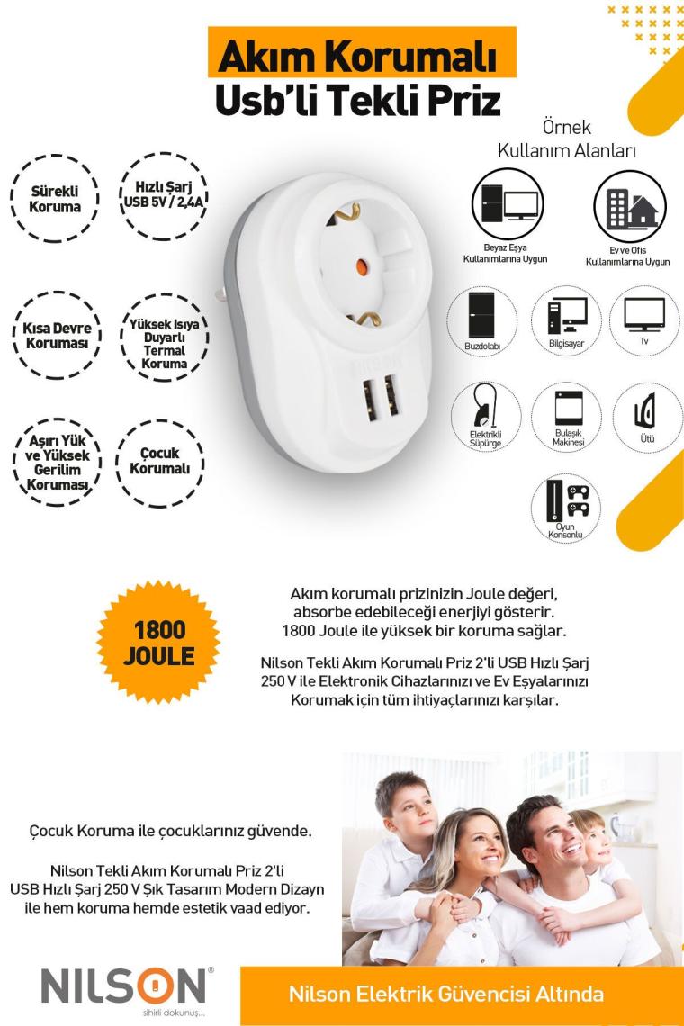 Tekli Akım Korumalı Priz 2'li Usb Hızlı Şarj