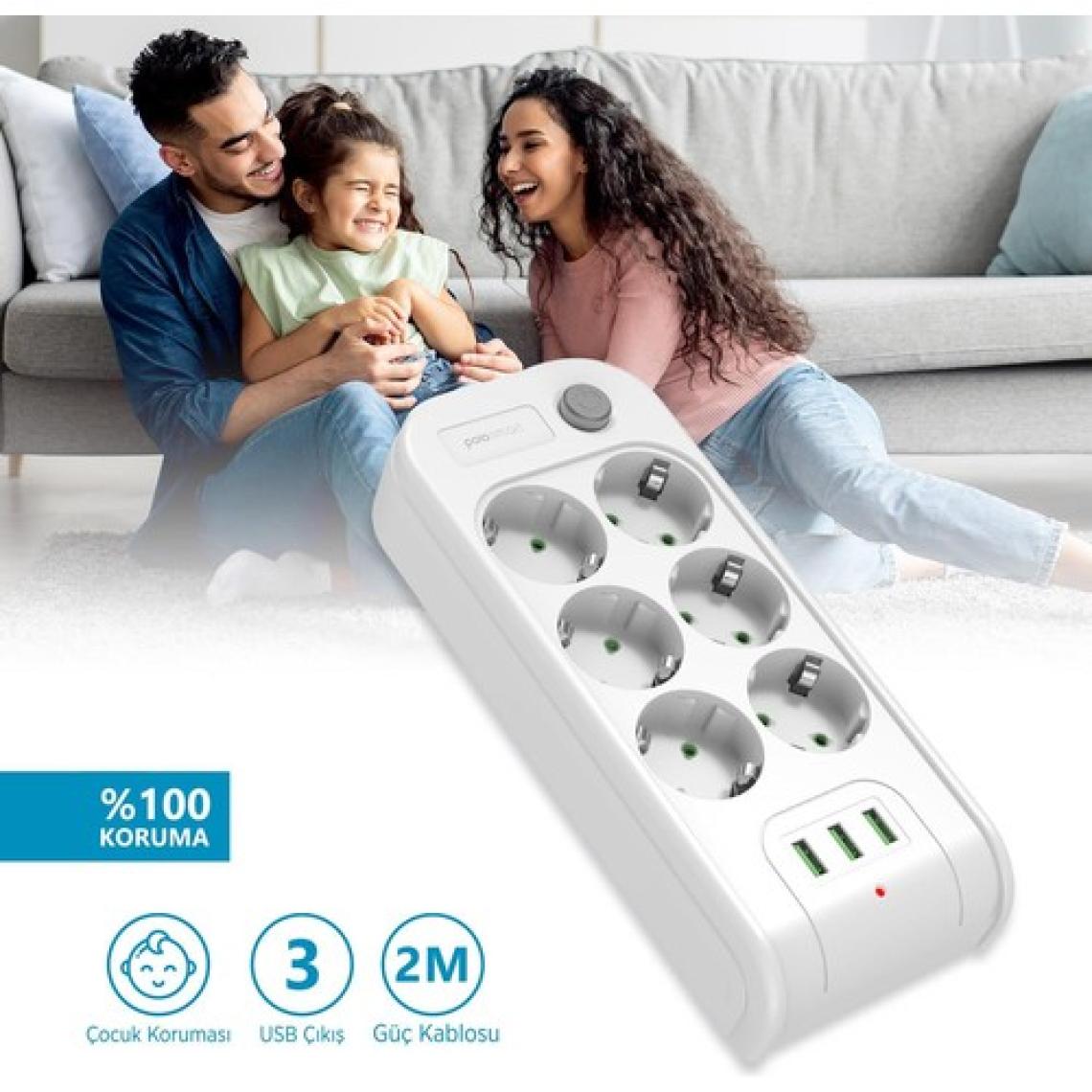 Polosmart MP10 Termal Akım Korumalı 6'lı Uzatma Kablosu 2m Beyaz