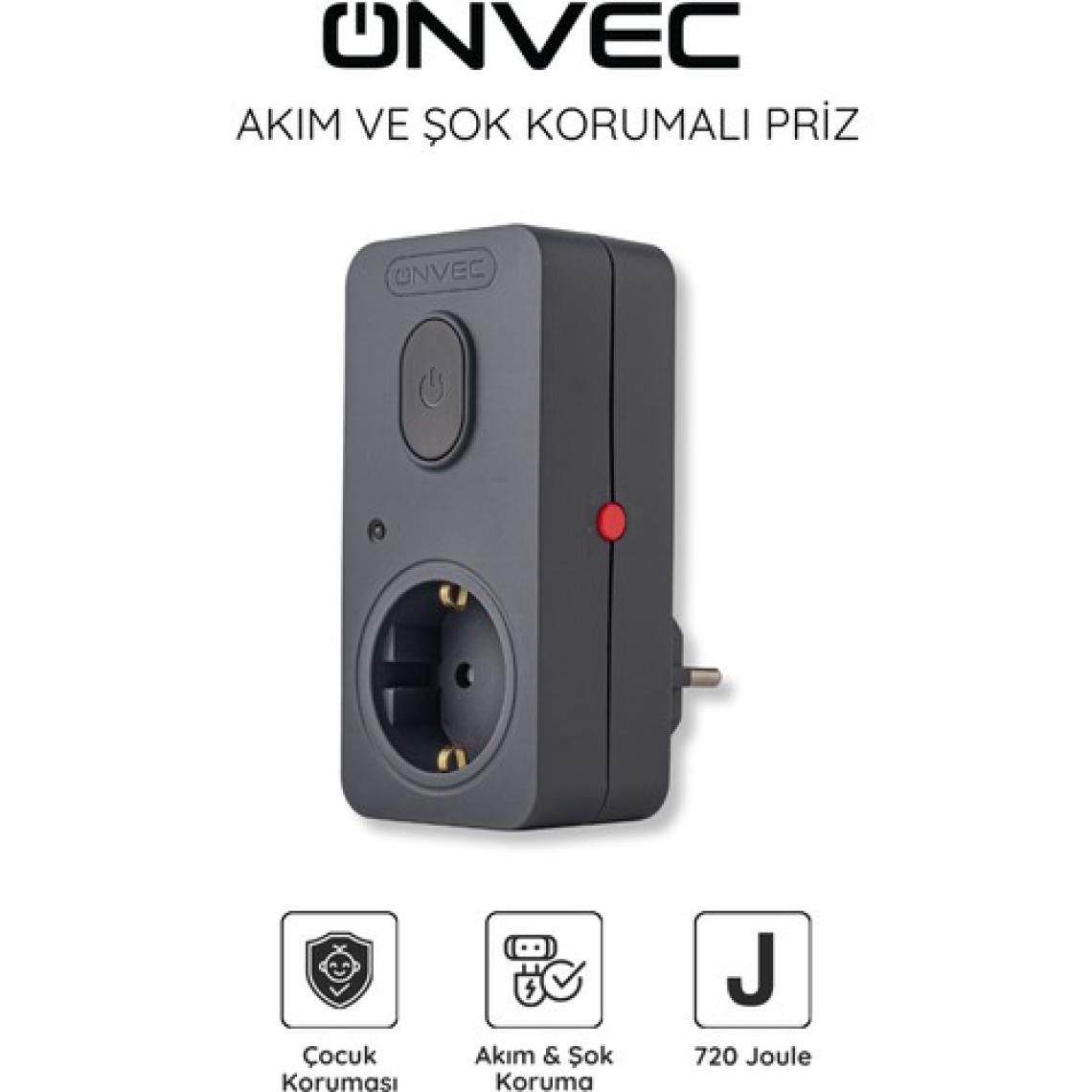 Onvec Basic Anahtarlı Akım ve Şok Korumalı Priz 720 Joule Antrasit Gri